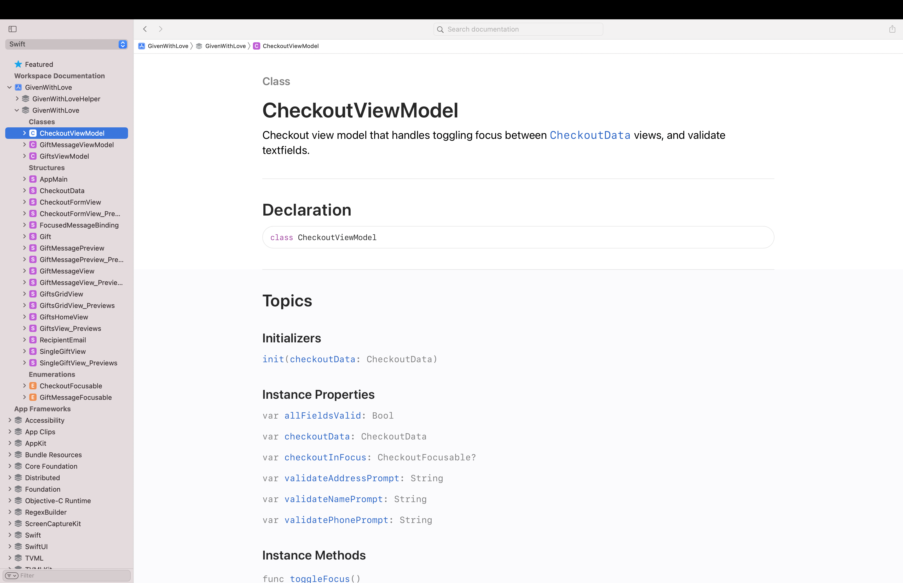 Preview of the CheckoutViewModel DocC documentation.