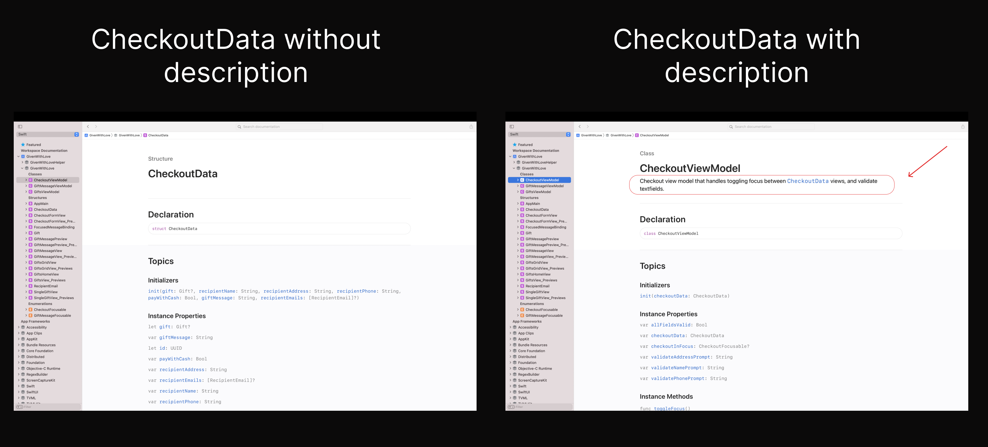 CheckoutData before and after adding the description