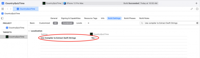 Screenshot showing 'Use Compiler to Extract Swift Strings' set to 'Yes' in the Build Settings of the CountryQuizTime Target of the CountryQuizTime project