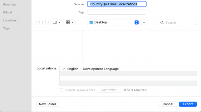 A save dialog showing CountryQuizTime Localizations being saved on the desktop, with English - Development Language selected