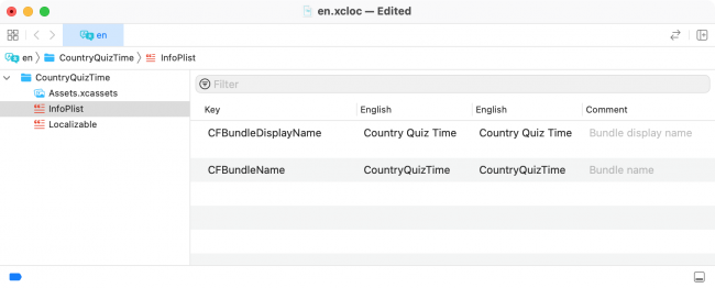 Viewing en.xcloc InfoPlist, showing the bundle name and bundle display name