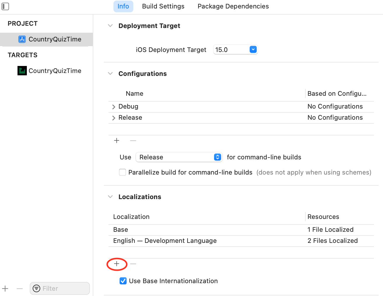 Screenshot of the Info tab for the project, showing the plus button under Localizations