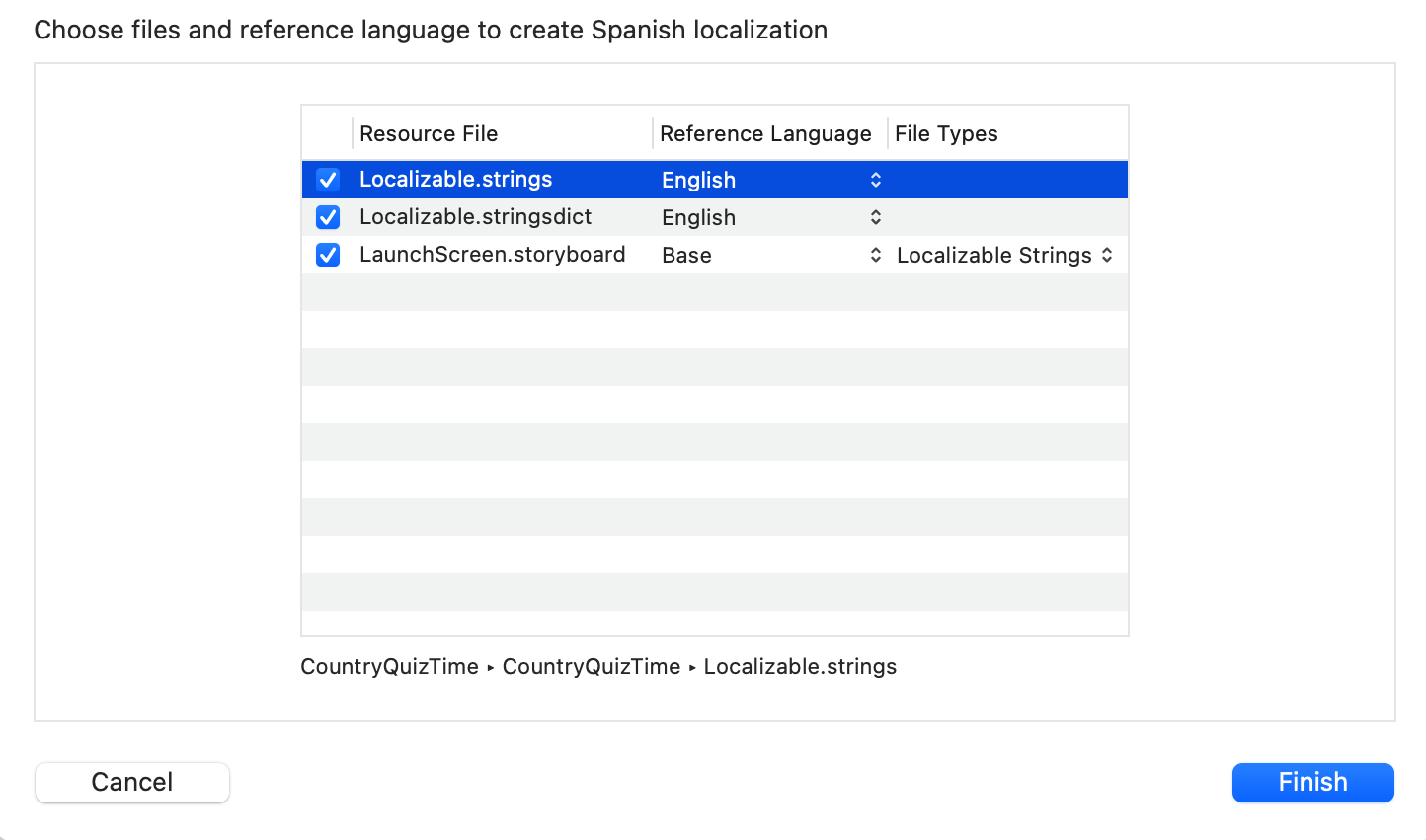 Screenshot showing 'Localizable (Spanish)' files under the two Localizable files in the Project navigator