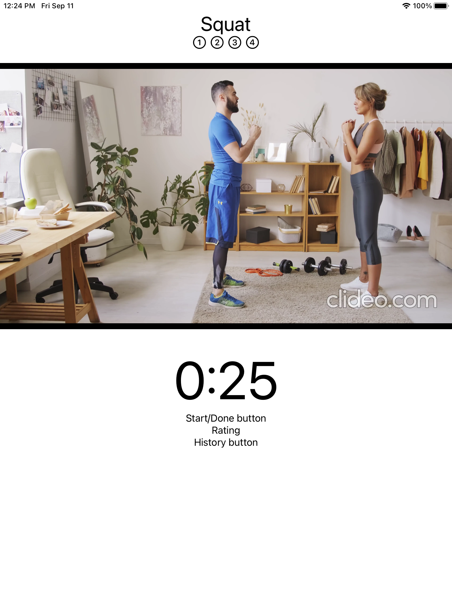 Exercise view with 30-second timer