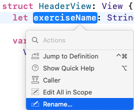 Command-click exerciseName, select Rename.