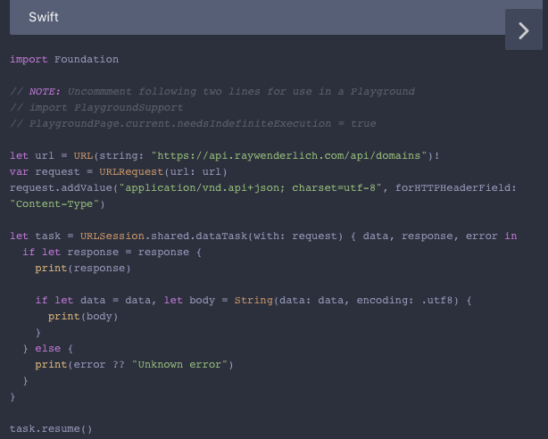 Apiary sidebar: generated Swift code
