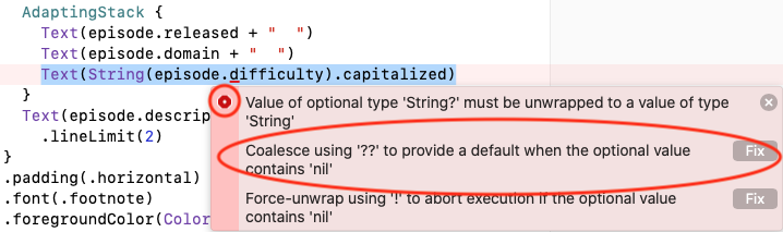 Xcode suggests fixes for optional.
