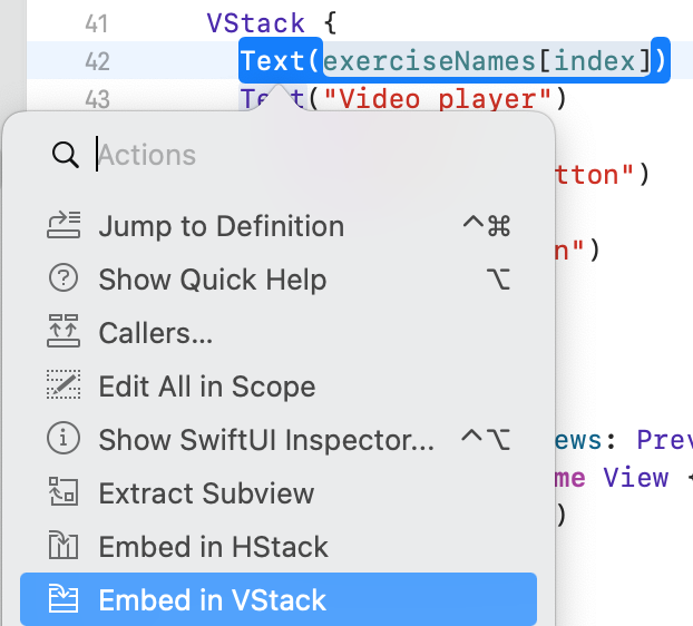 Use the Command-click menu to embed this Text view in a VStack.