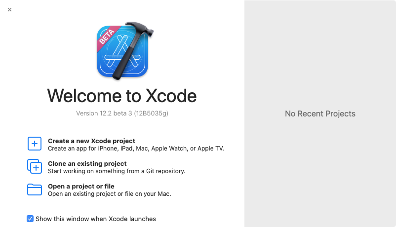 Welcome to Xcode window